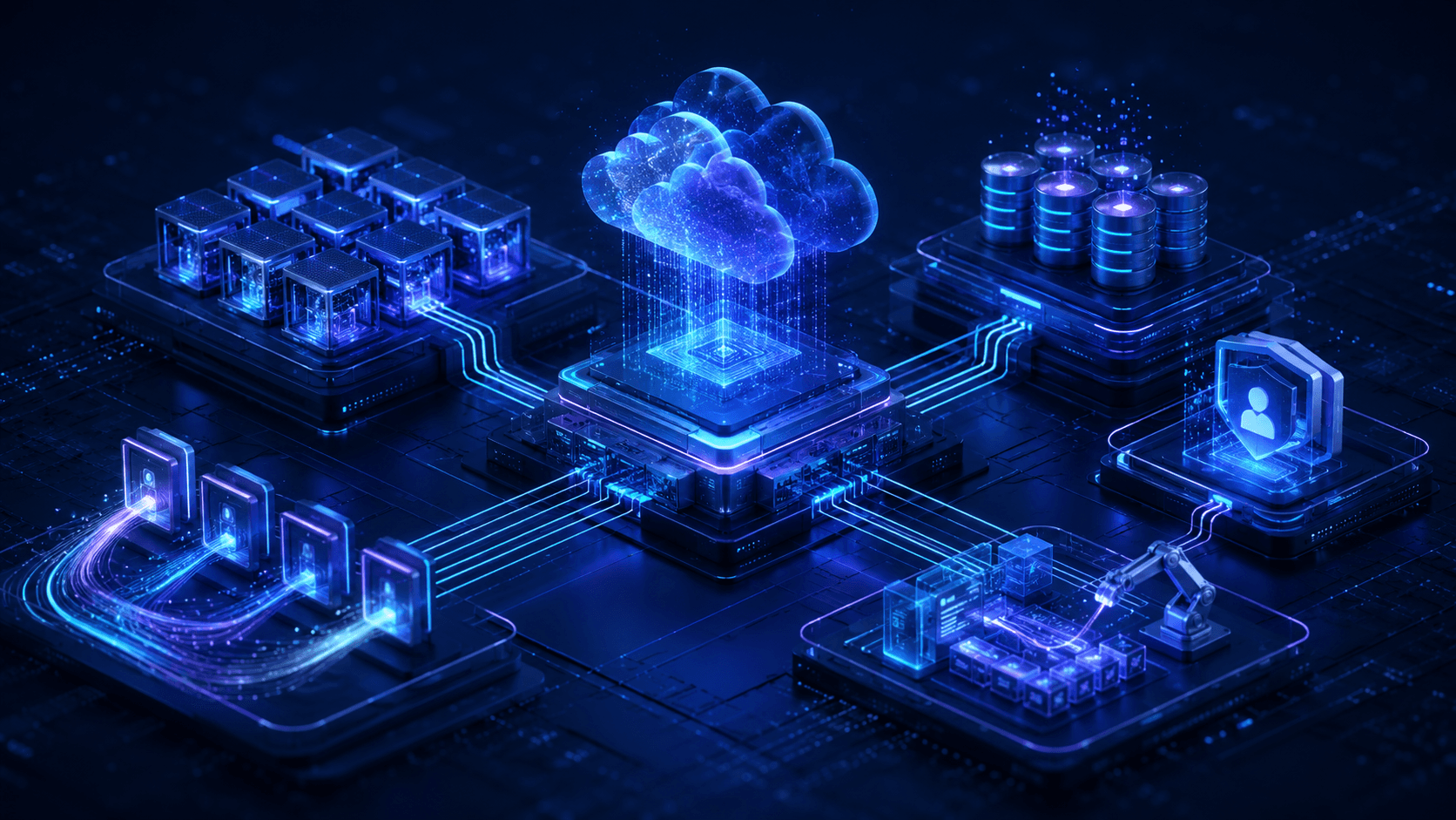 Connected cloud computing architecture linking compute data identity storage and automated operations