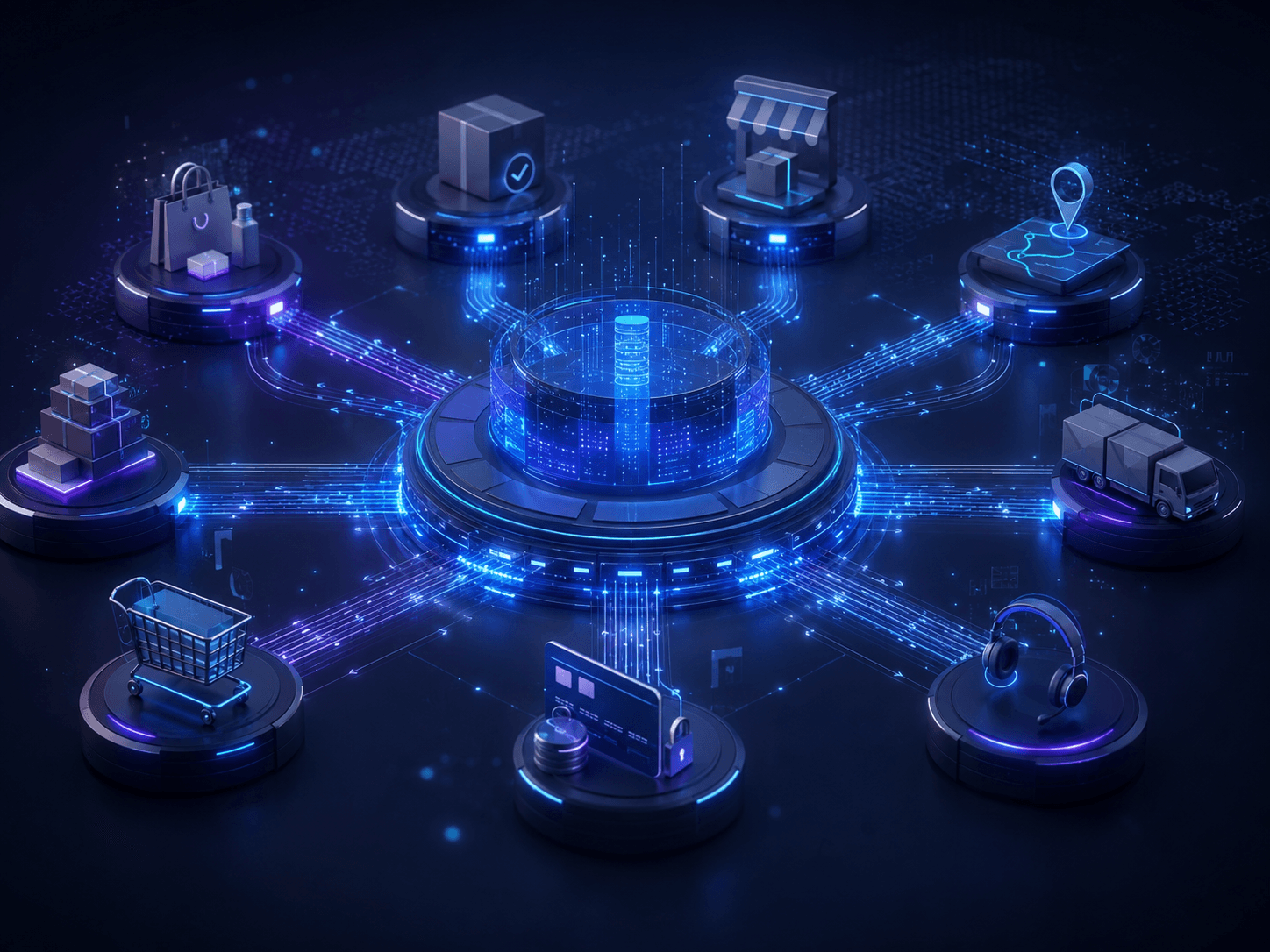 Connected commerce data hub linking products inventory stores payments delivery and customer service