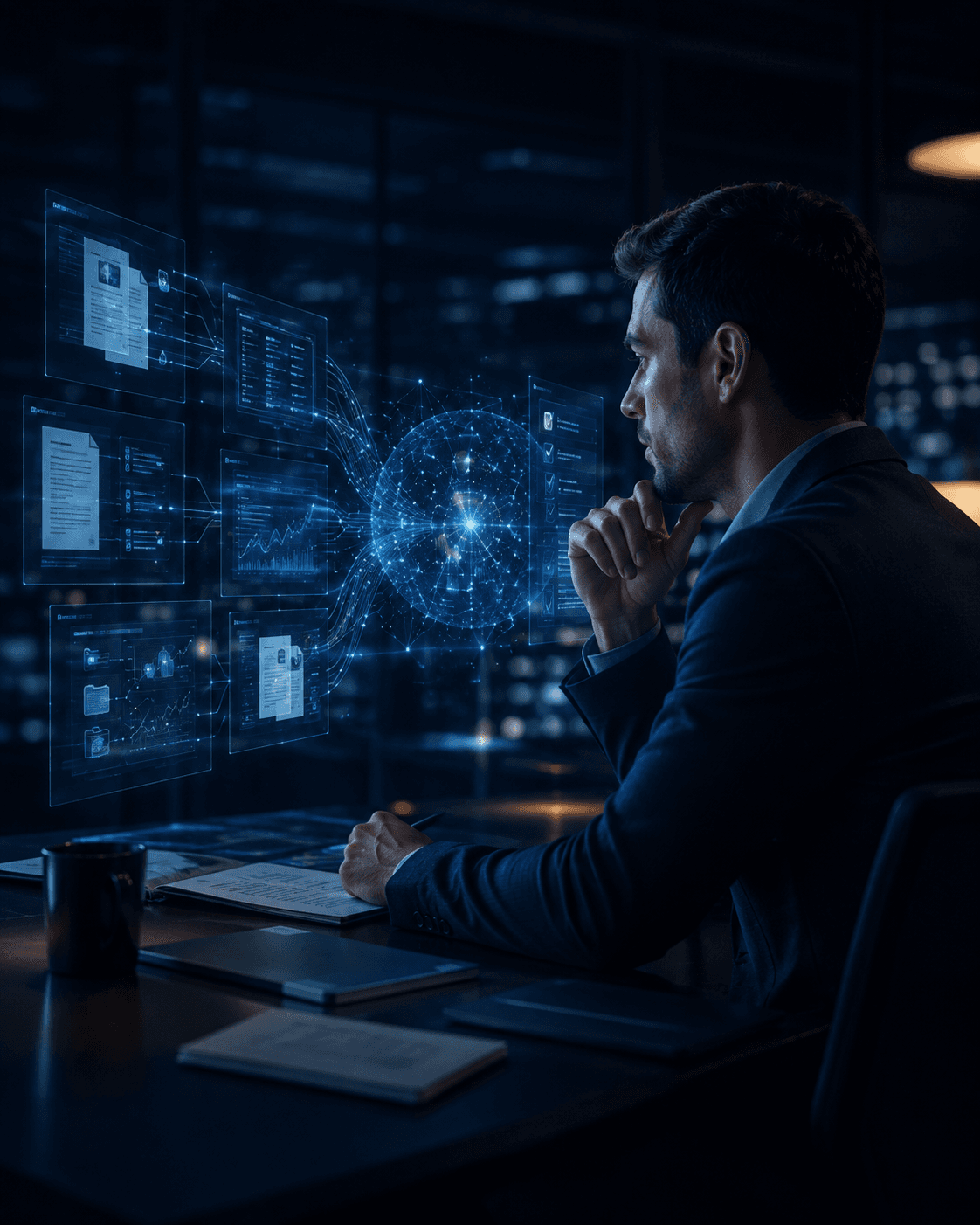 A human analyst reviewing connected and traceable information used to ground artificial intelligence reasoning