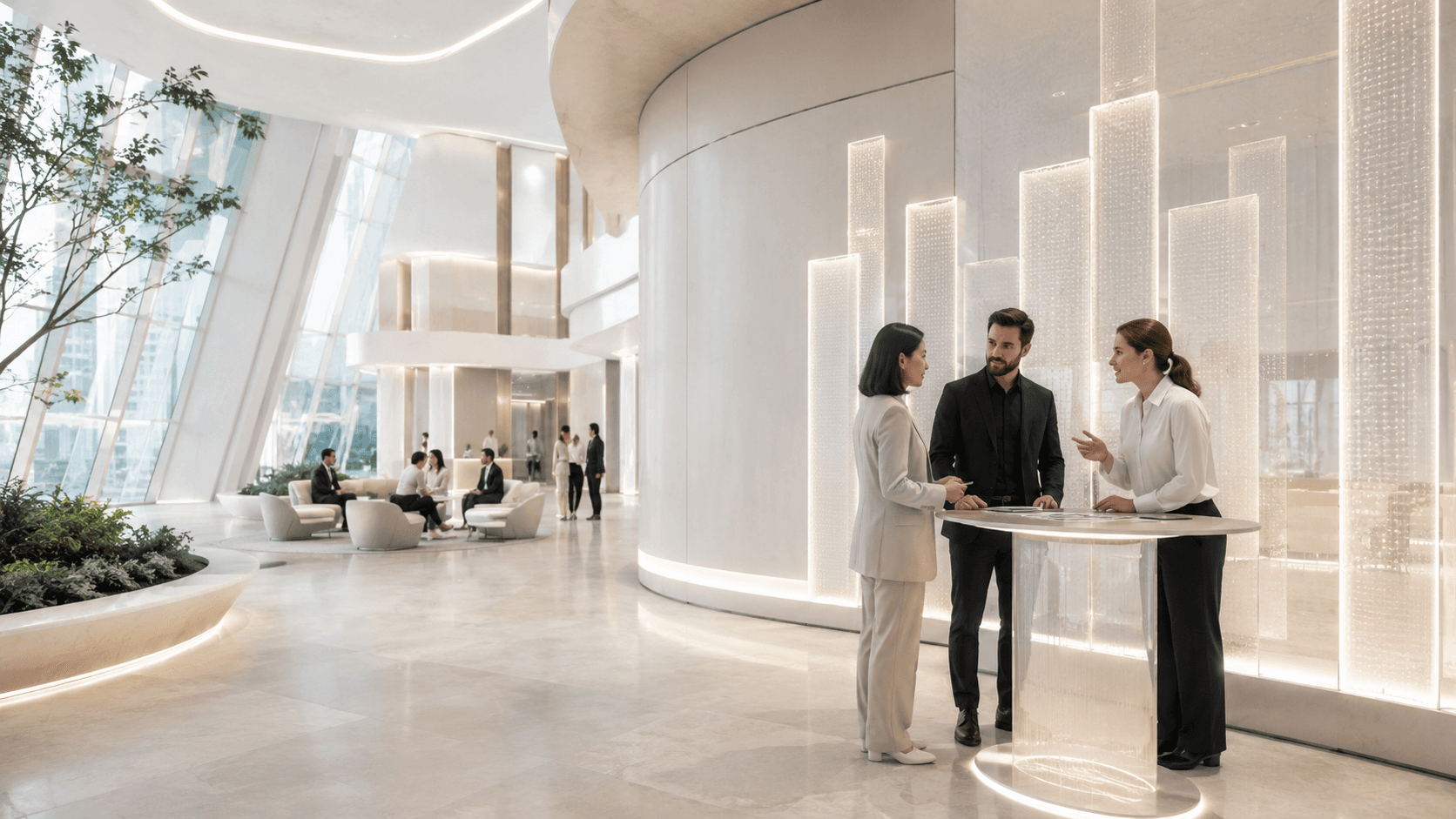 Professionals collaborating in a bright innovation space