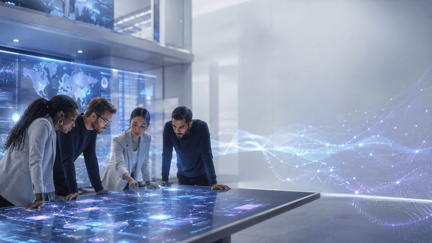 A diverse team collaborating around an interactive intelligence table