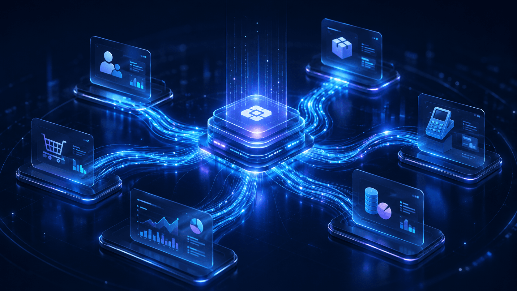 Central business systems integration hub connecting customers products inventory payments finance and analytics